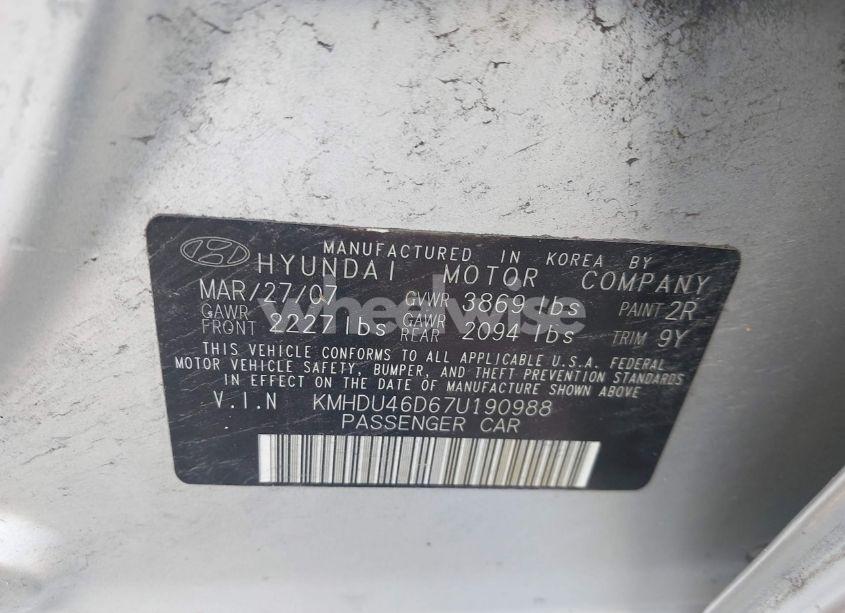 Photo 9 of 2007 Hyundai Elantra GLS/LIMITED/SE (VIN KMHDU46D67U190988)