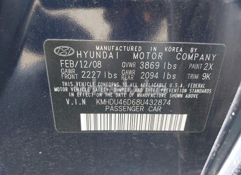Photo 9 of 2008 Hyundai Elantra GLS/SE (VIN KMHDU46D68U432874)