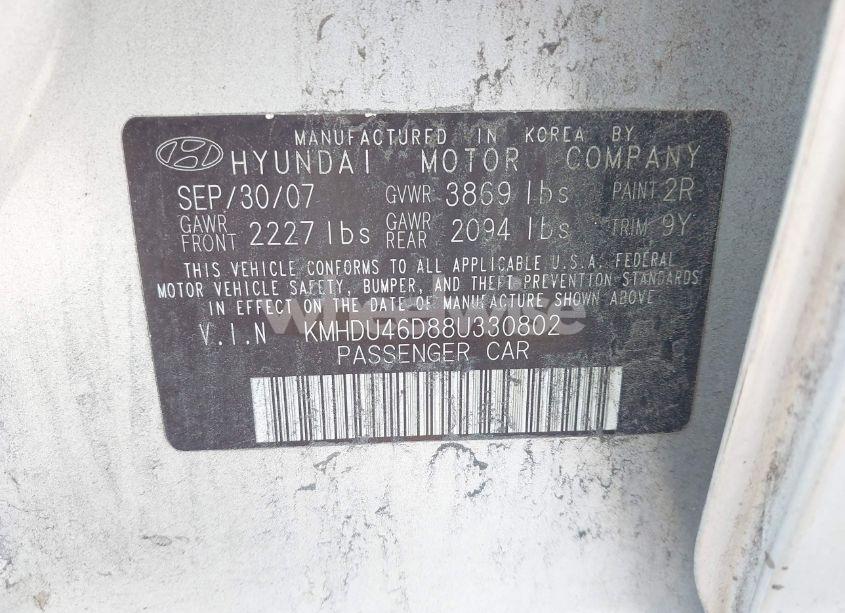 Photo 9 of 2008 Hyundai Elantra GLS/SE (VIN KMHDU46D88U330802)