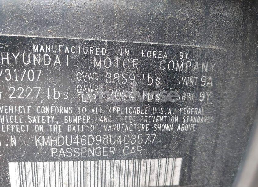 Photo 9 of 2008 Hyundai Elantra GLS/SE (VIN KMHDU46D98U403577)