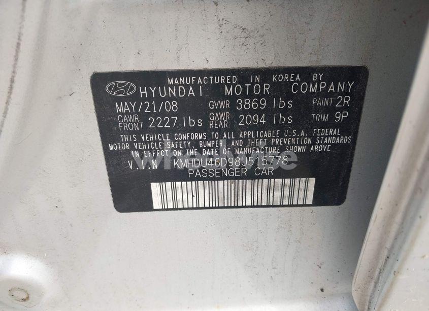 Photo 9 of 2008 Hyundai Elantra GLS/SE (VIN KMHDU46D98U515778)