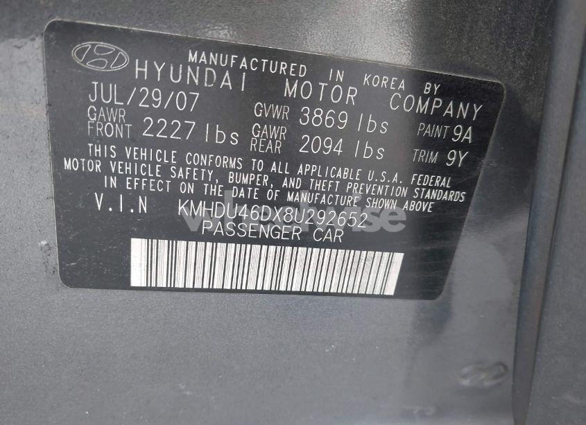 Photo 9 of 2008 Hyundai Elantra GLS/SE (VIN KMHDU46DX8U292652)