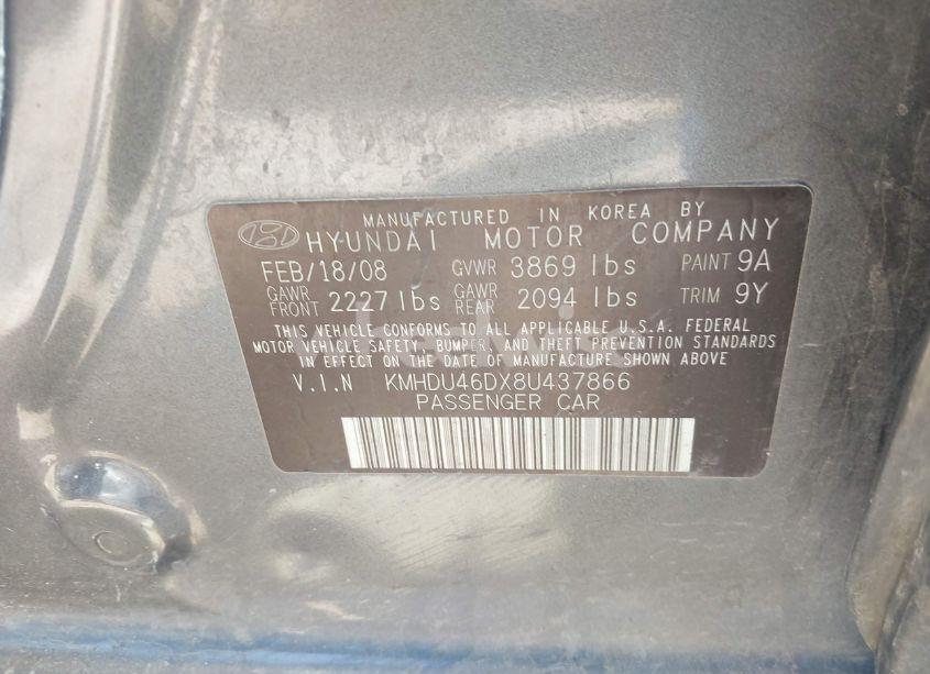 Photo 9 of 2008 Hyundai Elantra GLS/SE (VIN KMHDU46DX8U437866)