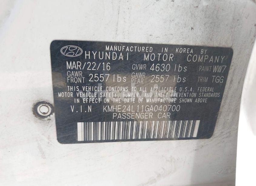 Photo 9 of 2016 Hyundai Sonata HYBRID SE (VIN KMHE24L11GA040700)