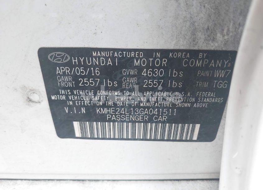 Photo 9 of 2016 Hyundai Sonata HYBRID SE (VIN KMHE24L13GA041511)