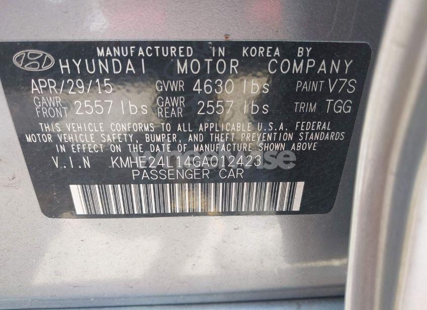 Photo 9 of 2016 Hyundai Sonata HYBRID SE (VIN KMHE24L14GA012423)