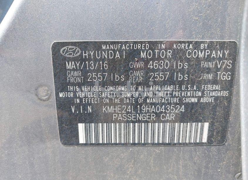 Photo 9 of 2017 Hyundai Sonata HYBRID SE (VIN KMHE24L19HA043524)