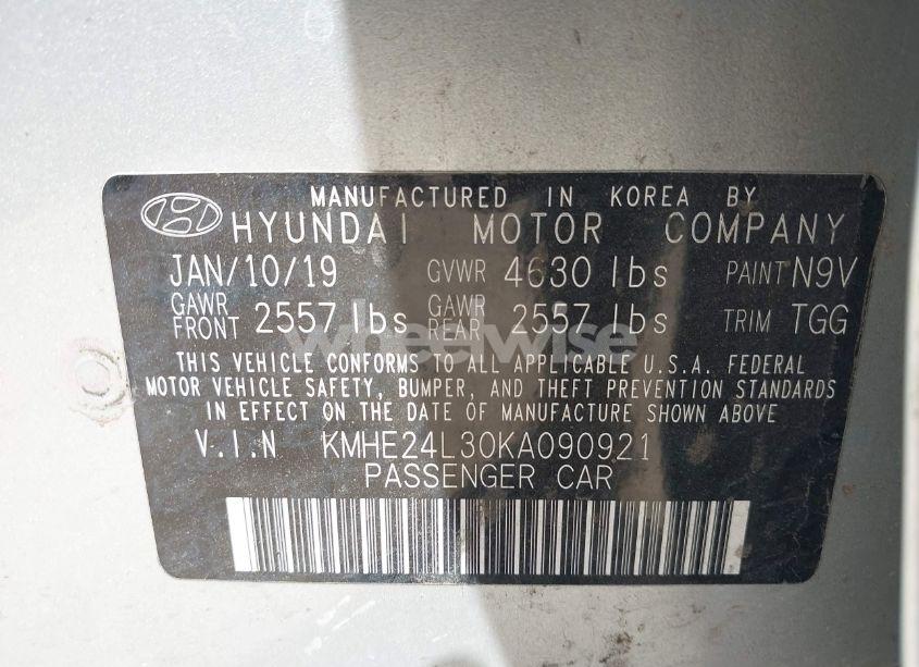 Photo 9 of 2019 Hyundai Sonata HYBRID SE (VIN KMHE24L30KA090921)