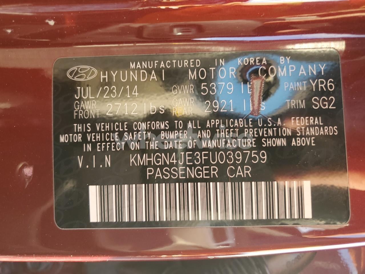 Photo 12 of 2015 HYUNDAI GENESIS 3.8L (VIN KMHGN4JE3FU039759)