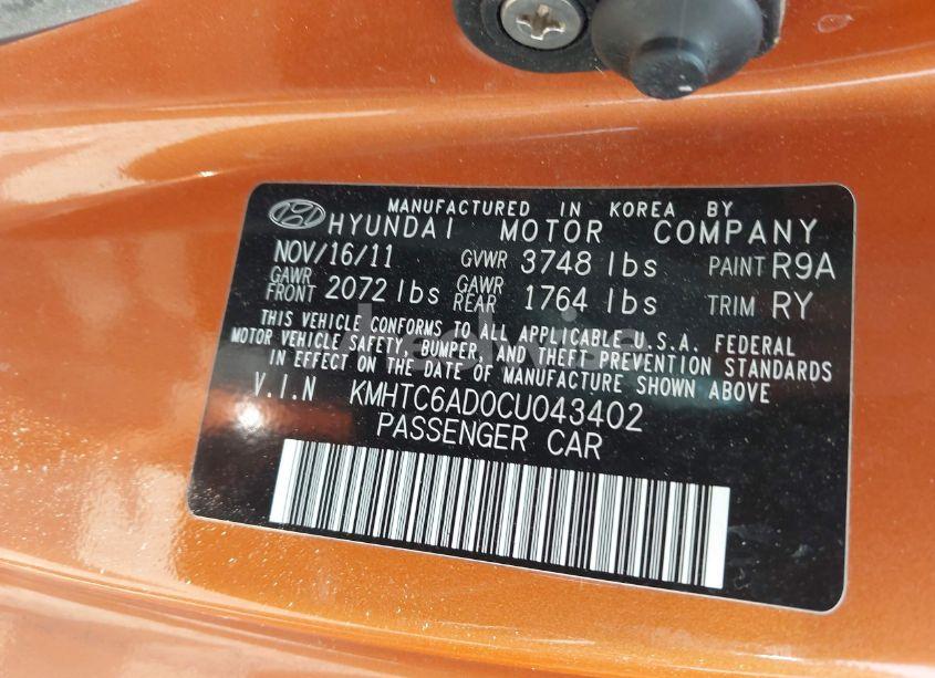 Photo 9 of 2012 Hyundai Veloster BASE W/BLACK (VIN KMHTC6AD0CU043402)