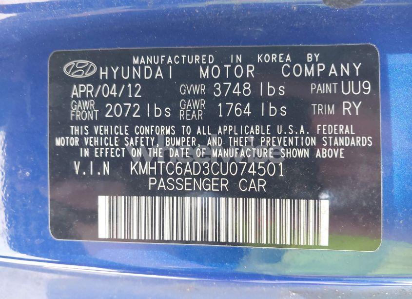 Photo 9 of 2012 Hyundai Veloster BASE W/GRAY (VIN KMHTC6AD3CU074501)