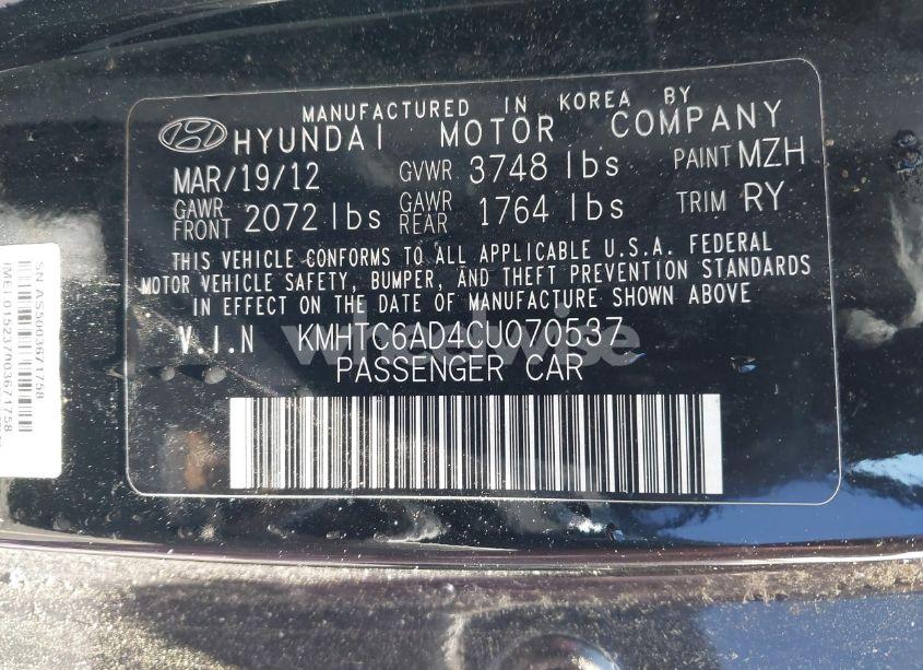 Photo 9 of 2012 Hyundai Veloster BASE W/GRAY (VIN KMHTC6AD4CU070537)