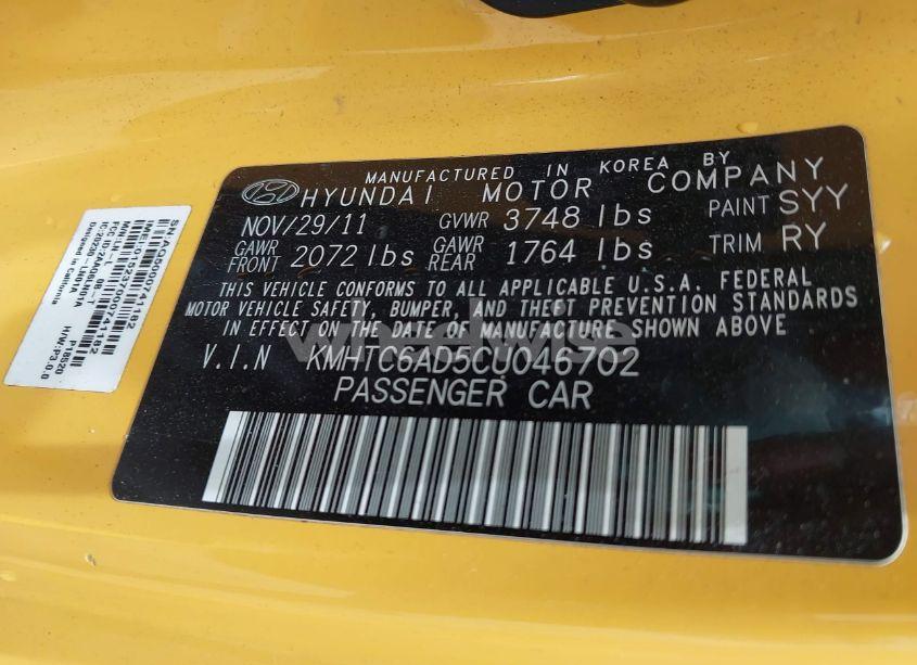 Photo 9 of 2012 Hyundai Veloster BASE W/BLACK (VIN KMHTC6AD5CU046702)