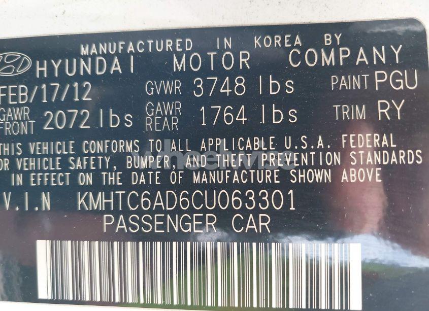 Photo 9 of 2012 Hyundai Veloster BASE W/GRAY (VIN KMHTC6AD6CU063301)