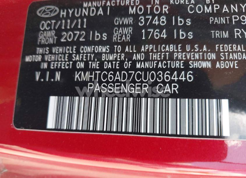 Photo 9 of 2012 Hyundai Veloster BASE W/GRAY (VIN KMHTC6AD7CU036446)