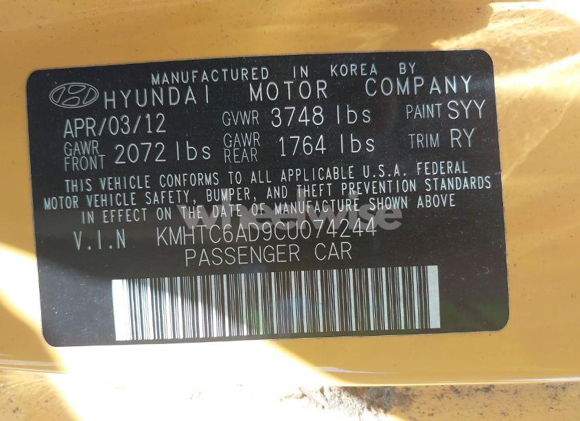 Photo 9 of 2012 Hyundai Veloster BASE W/BLACK (VIN KMHTC6AD9CU074244)