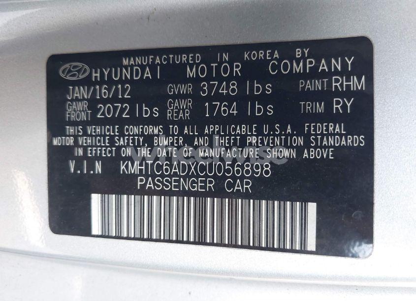 Photo 9 of 2012 Hyundai Veloster BASE W/GRAY (VIN KMHTC6ADXCU056898)