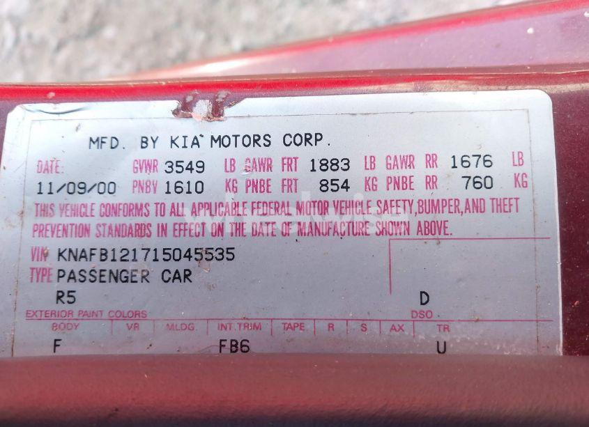 Photo 9 of 2001 Kia Sephia LS (VIN KNAFB121715045535)