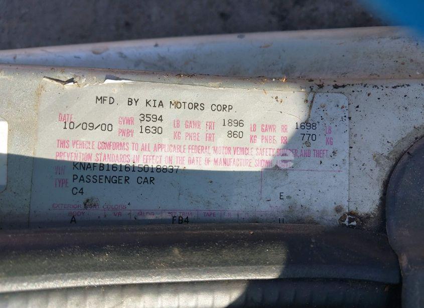 Photo 9 of 2001 Kia Spectra GS/GSX (VIN KNAFB161615018837)