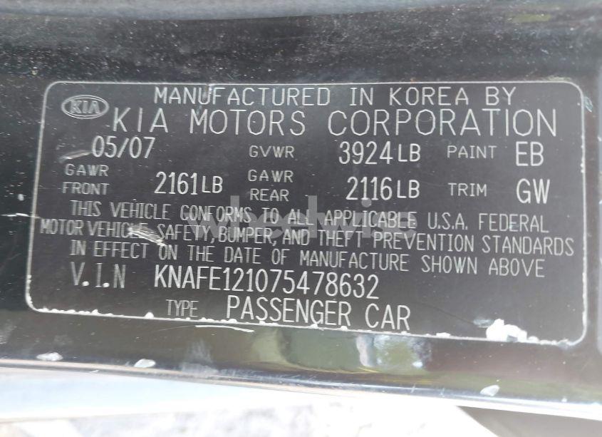 Photo 9 of 2007 Kia Spectra EX (VIN KNAFE121075478632)