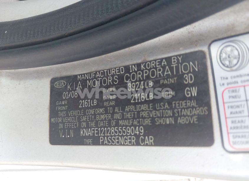 Photo 9 of 2008 Kia Spectra EX (VIN KNAFE121285559049)