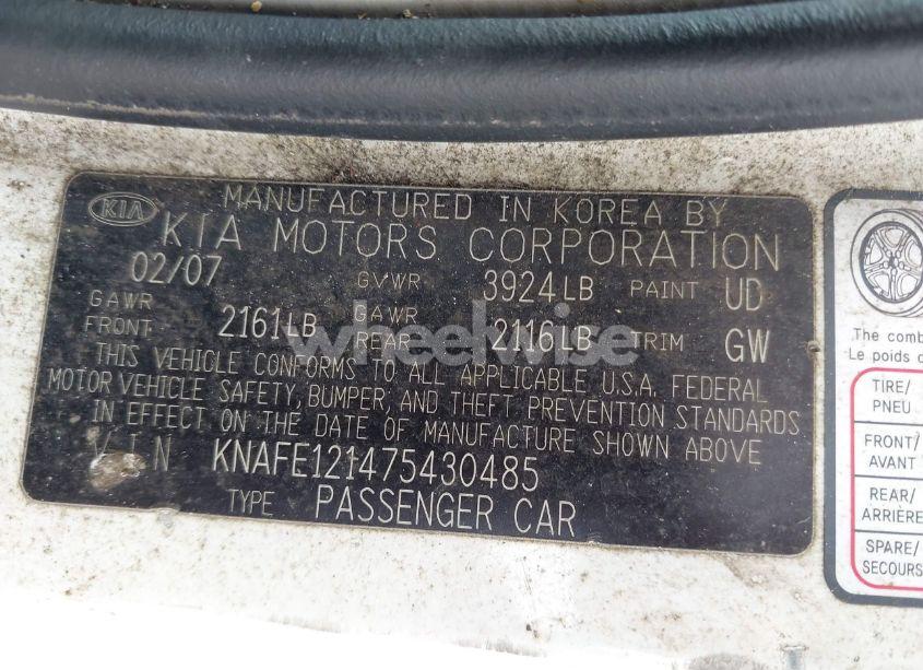 Photo 9 of 2007 Kia Spectra EX (VIN KNAFE121475430485)