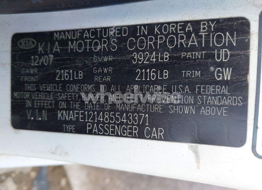 Photo 9 of 2008 Kia Spectra EX (VIN KNAFE121485543371)