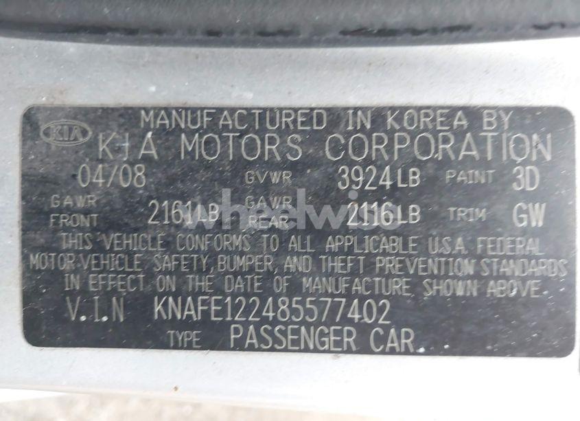Photo 9 of 2008 Kia Spectra EX (VIN KNAFE122485577402)