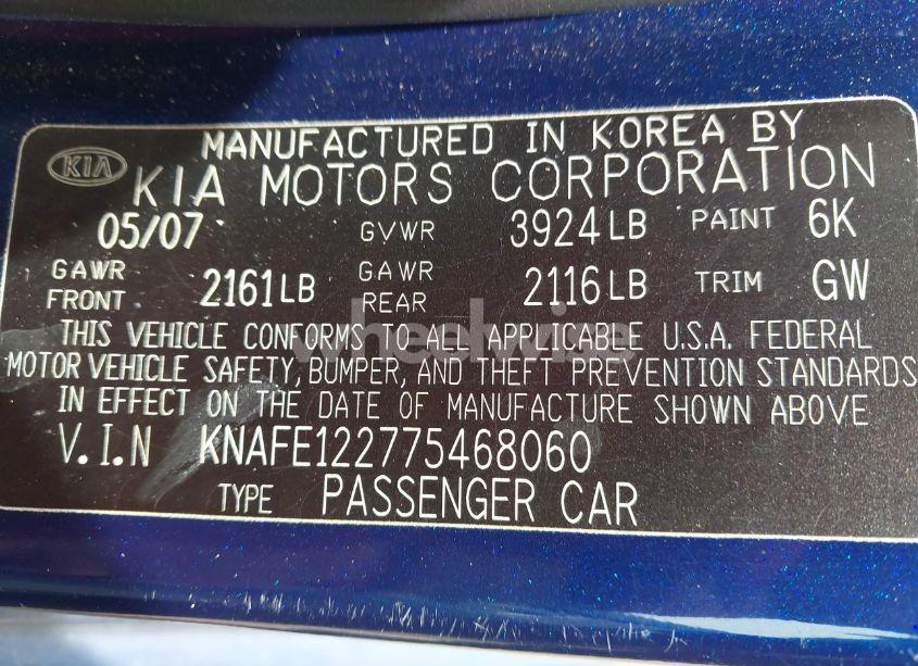 Photo 9 of 2007 Kia Spectra EX (VIN KNAFE122775468060)