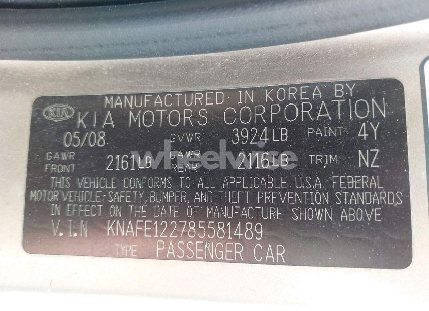 Photo 9 of 2008 Kia Spectra EX (VIN KNAFE122785581489)