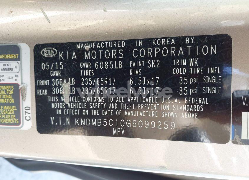 Photo 9 of 2016 Kia Sedona LX (VIN KNDMB5C10G6099259)