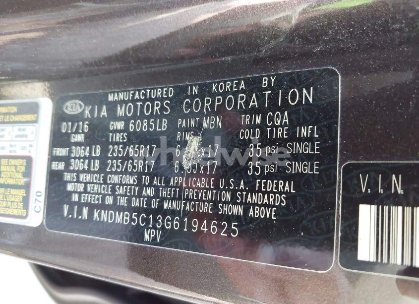 Photo 9 of 2016 Kia Sedona LX (VIN KNDMB5C13G6194625)