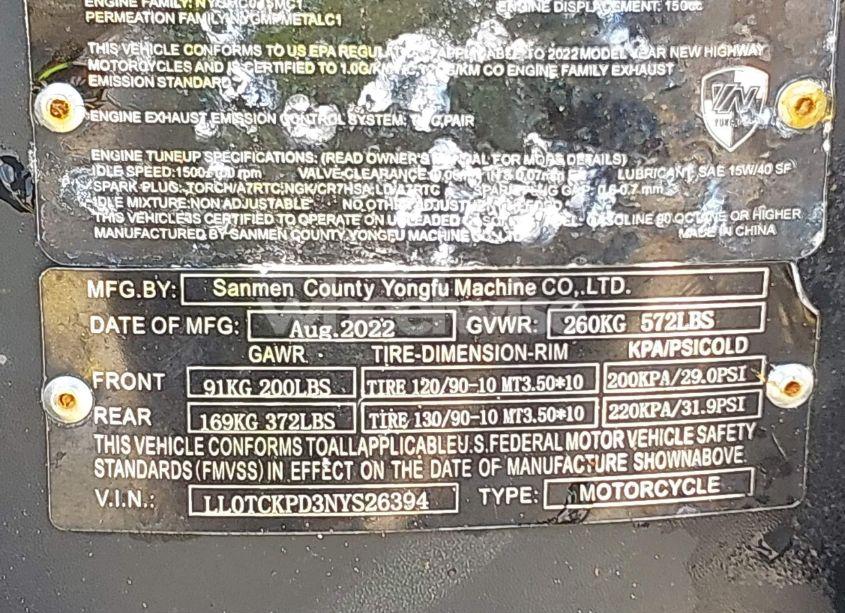 Photo 10 of 2022 Yongfu Yn50qt N/A (VIN LL0TCKPD3NYS26394)