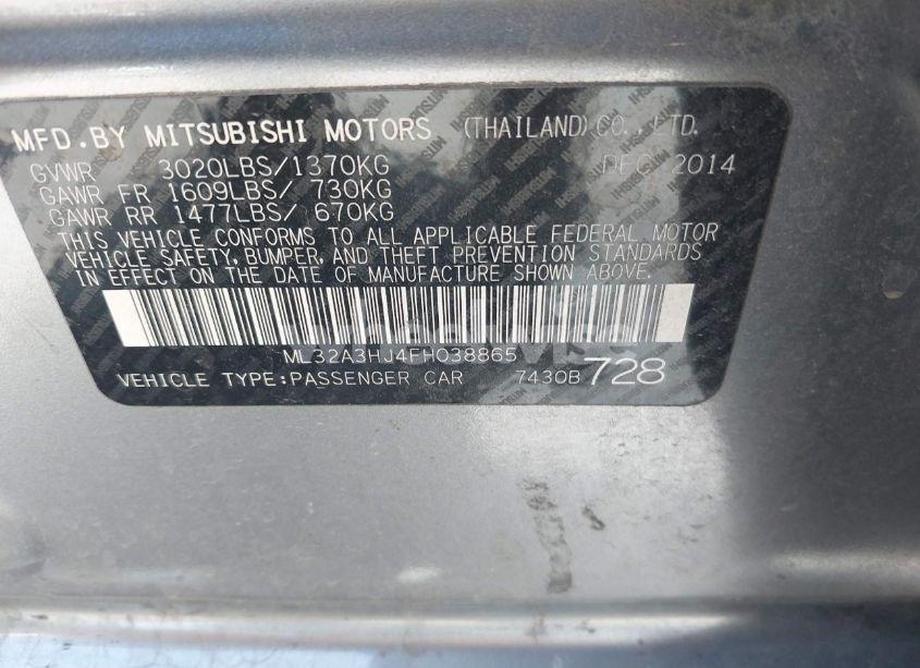 Photo 9 of 2015 Mitsubishi Mirage DE (VIN ML32A3HJ4FH038865)
