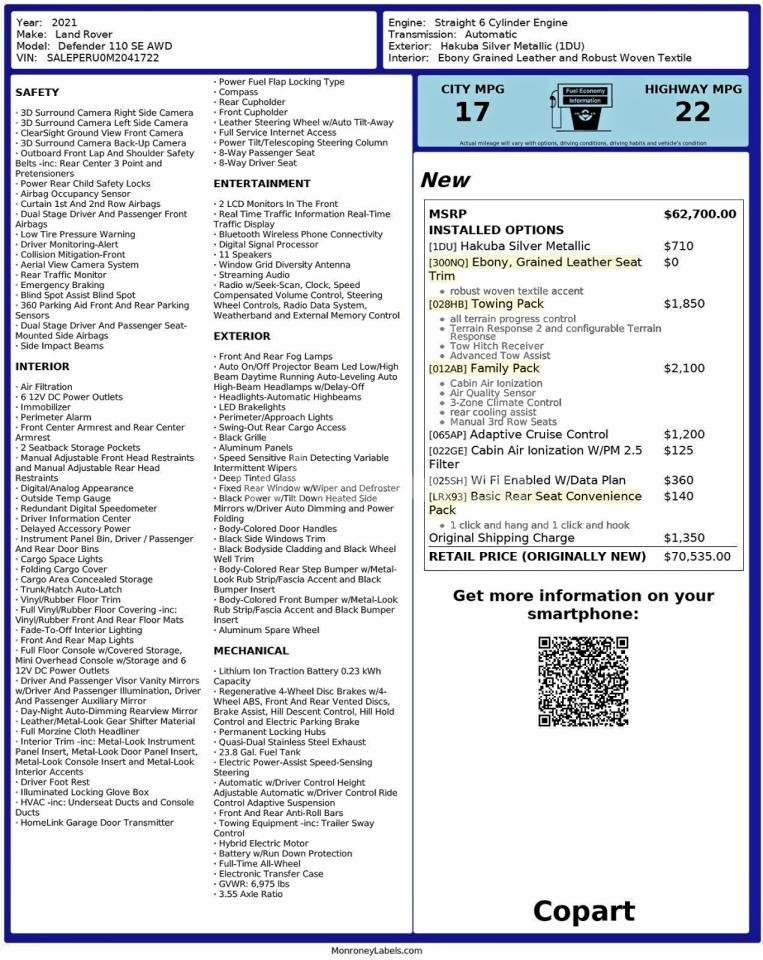 Photo 10 of 2021 LAND ROVER DEFENDER 110 SE (VIN SALEPERU0M2041722)