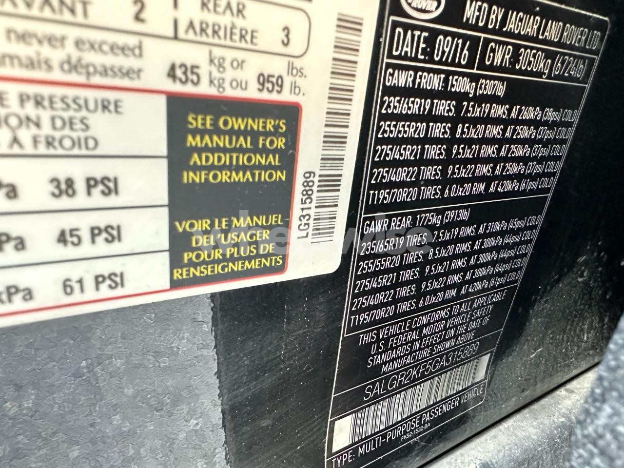 Photo 10 of 2016 LAND ROVER RANGE ROVER (VIN SALGR2KF5GA315889)