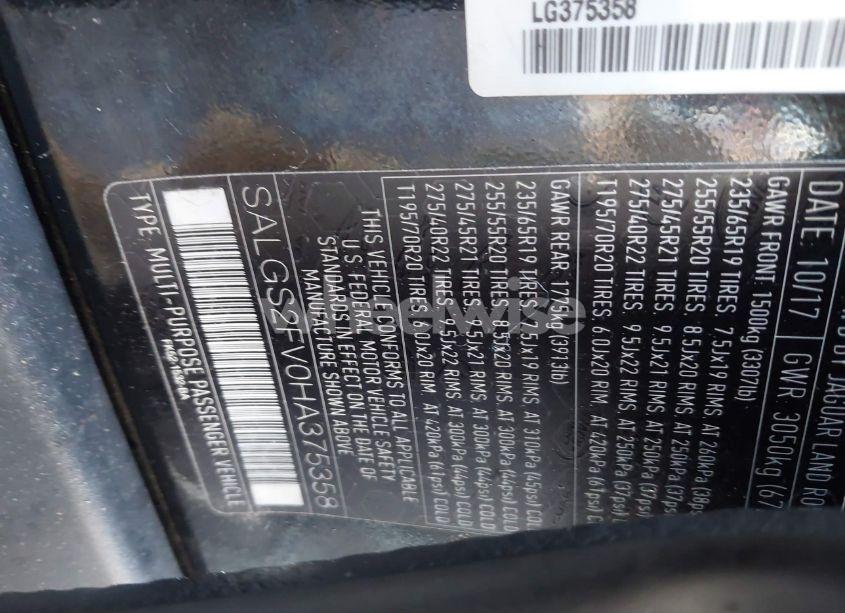 Photo 9 of 2017 Land Rover RANGE ROVER 3.0L V6 SUPERCHARGED HSE (VIN SALGS2FV0HA375358)