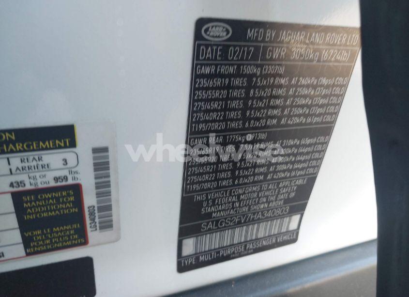 Photo 9 of 2017 Land Rover RANGE ROVER 3.0L V6 SUPERCHARGED HSE (VIN SALGS2FV7HA340803)