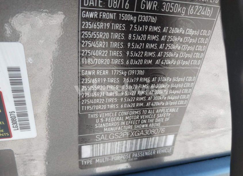 Photo 9 of 2016 Land Rover RANGE ROVER 3.0L V6 SUPERCHARGED HSE (VIN SALGS2PFXGA308076)