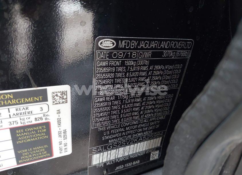 Photo 9 of 2019 Land Rover RANGE ROVER 3.0L V6 SUPERCHARGED HSE (VIN SALGS2SV2KA525984)