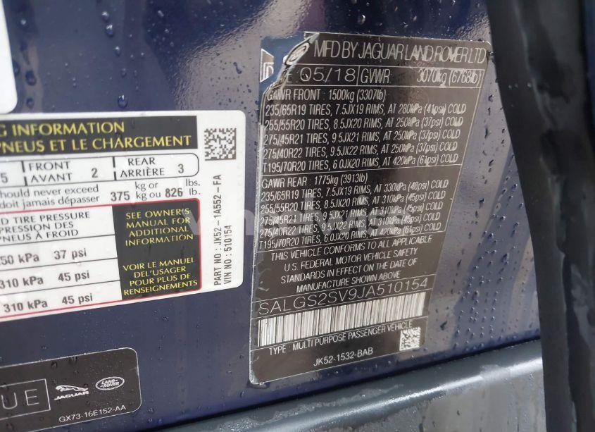 Photo 9 of 2018 Land Rover RANGE ROVER 3.0L V6 SUPERCHARGED HSE (VIN SALGS2SV9JA510154)