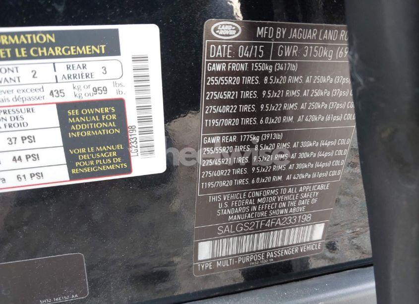 Photo 9 of 2015 Land Rover RANGE ROVER 5.0L V8 SUPERCHARGED (VIN SALGS2TF4FA233198)