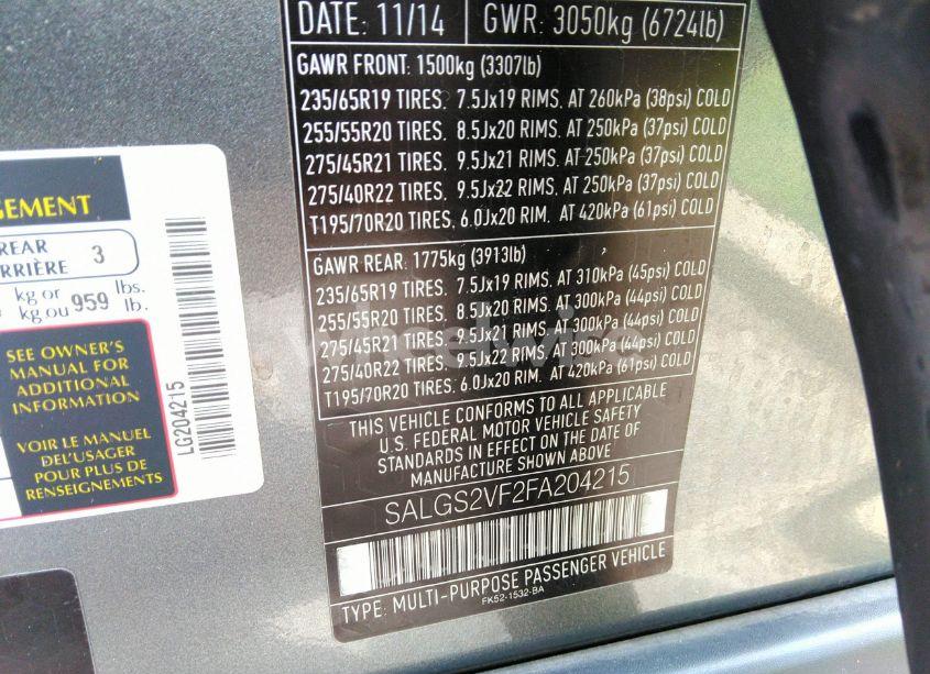 Photo 9 of 2015 Land Rover RANGE ROVER HSE (VIN SALGS2VF2FA204215)