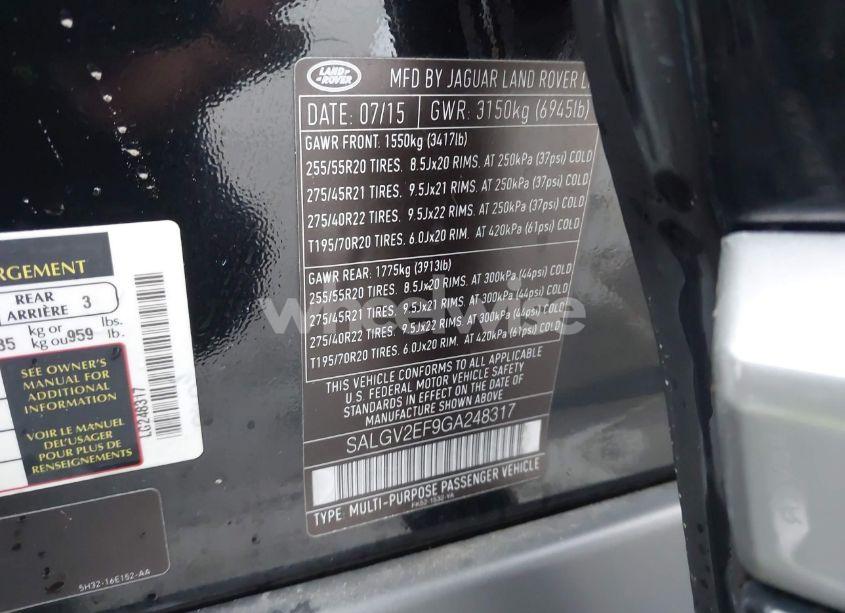 Photo 9 of 2016 Land Rover RANGE ROVER 5.0L V8 SUPERCHARGED AUTOBIOGRAPHY (VIN SALGV2EF9GA248317)