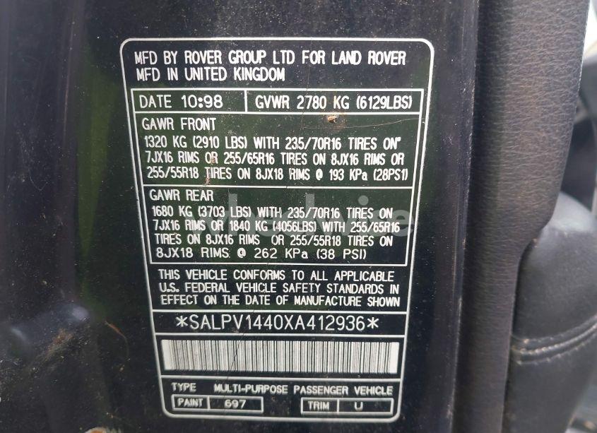 Photo 9 of 1999 Land Rover RANGE ROVER 4.6 HSE (VIN SALPV1440XA412936)