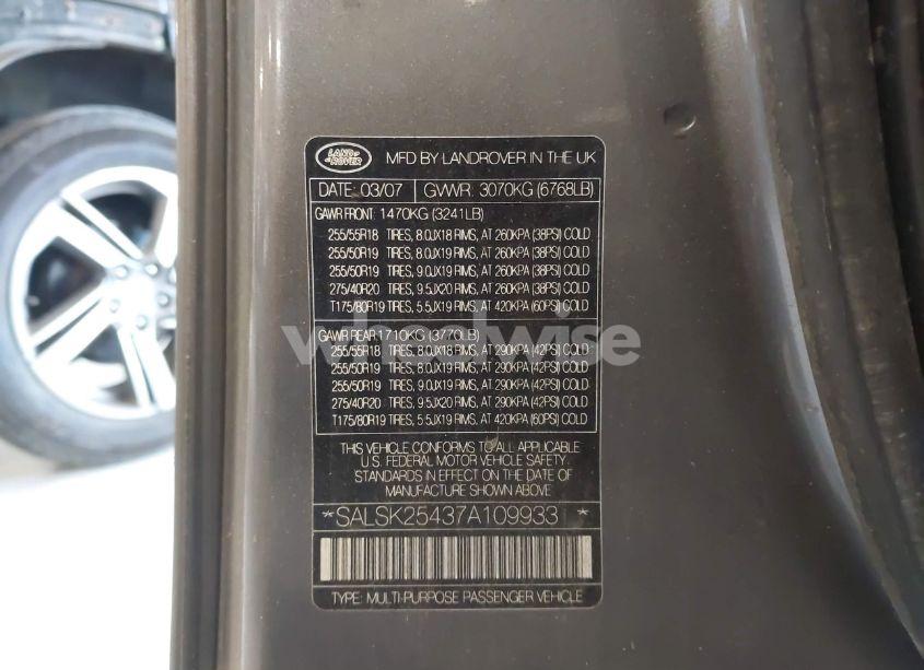 Photo 9 of 2007 Land Rover RANGE ROVER SPORT HSE (VIN SALSK25437A109933)