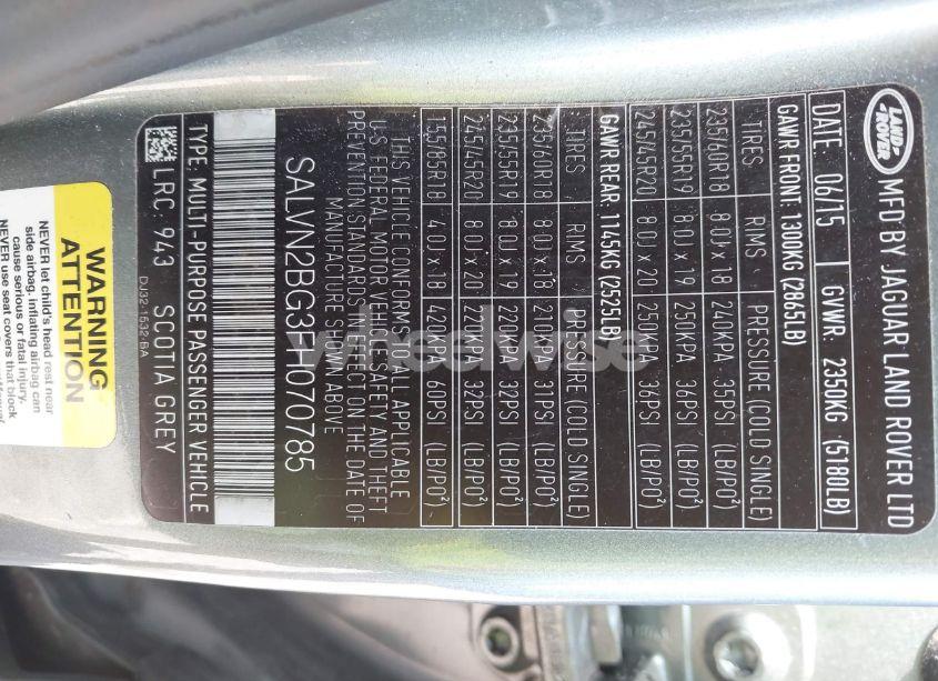 Photo 9 of 2015 Land Rover RANGE ROVER EVOQUE PURE (VIN SALVN2BG3FH070785)