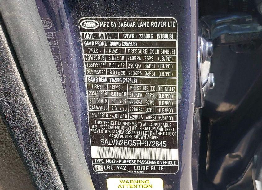 Photo 9 of 2015 Land Rover RANGE ROVER EVOQUE PURE (VIN SALVN2BG5FH972645)