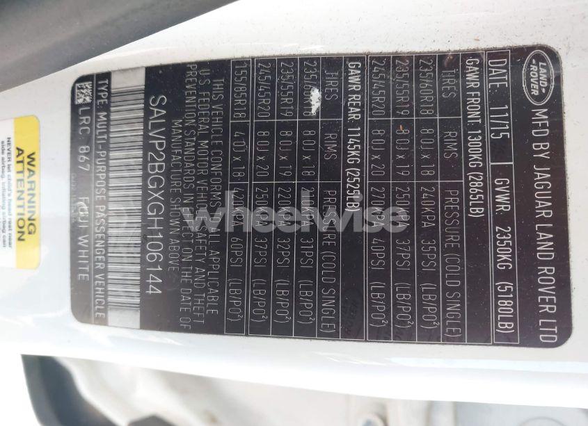 Photo 9 of 2016 Land Rover RANGE ROVER EVOQUE SE/SE PREMIUM (VIN SALVP2BGXGH106144)