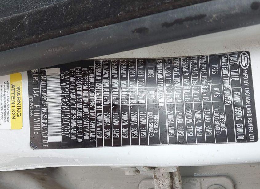 Photo 9 of 2019 Land Rover RANGE ROVER EVOQUE SE/SE PREMIUM (VIN SALVP2RX2KH340387)